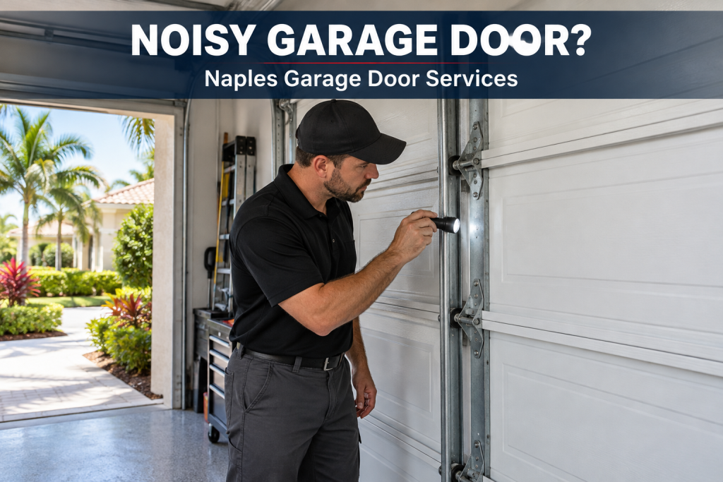 Technician inspecting garage door hardware with a flashlight for Naples Garage Door Services.